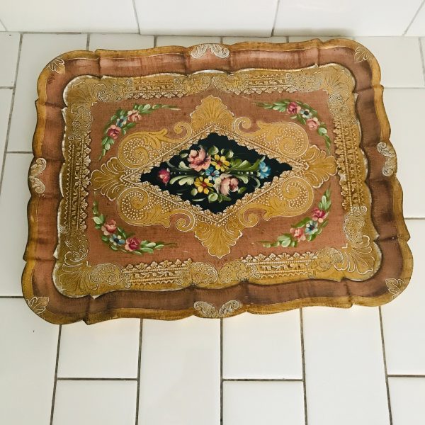 Coppini Ugo Italian Florentine Hand Painted Floral Pink & Gold Tray  Italian Toleware Decorazione Artistica Vintage Collectable Serving