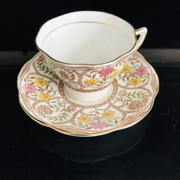 Early Rosina Tea Cup and Saucer Fine bone china England brown leaves ornate detail pink yellow flowers Collectible Display Coffee Stunning