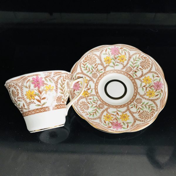 Early Rosina Tea Cup and Saucer Fine bone china England brown leaves ornate detail pink yellow flowers Collectible Display Coffee Stunning