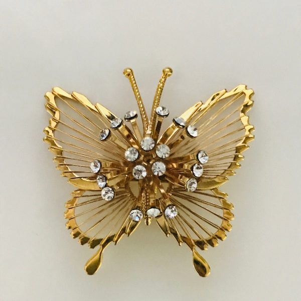 Gold Brooch Pin Vintage butterfly with crystals ornate sweater pin gold tone metal tiny crystal
