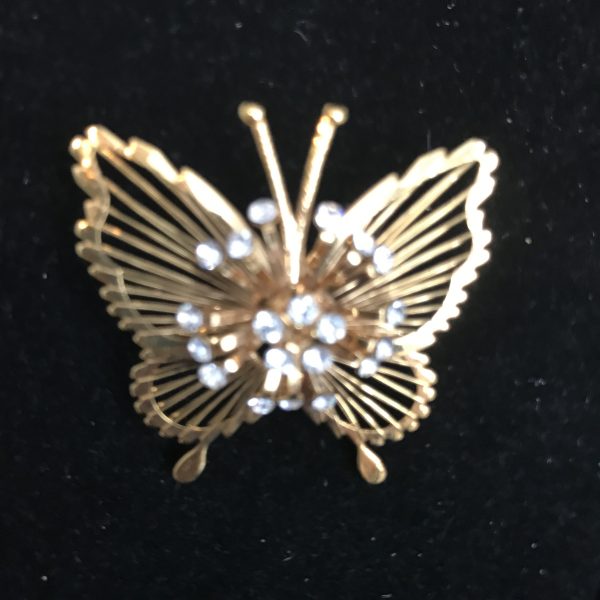 Gold Brooch Pin Vintage butterfly with crystals ornate sweater pin gold tone metal tiny crystal