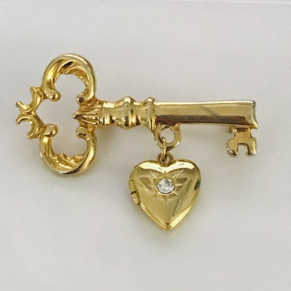 Gold Brooch Pin Vintage Key with dangle heart locket sweater pin gold tone metal tiny crystal