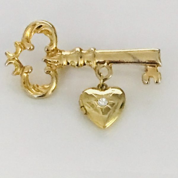 Gold Brooch Pin Vintage Key with dangle heart locket sweater pin gold tone metal tiny crystal
