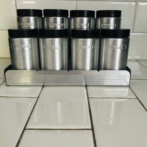Kromex Spice rack counter rack or wall mount black lids shaker lids inside spun aluminum cans & rack kitchen farmhouse retro display