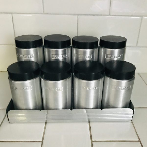 Kromex Spice rack counter rack or wall mount black lids shaker lids inside spun aluminum cans & rack kitchen farmhouse retro display