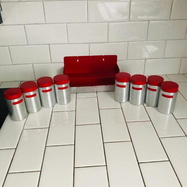 Kromex Spice rack counter rack or wall mount red lids shaker lids inside spun aluminum cans & rack kitchen farmhouse retro display