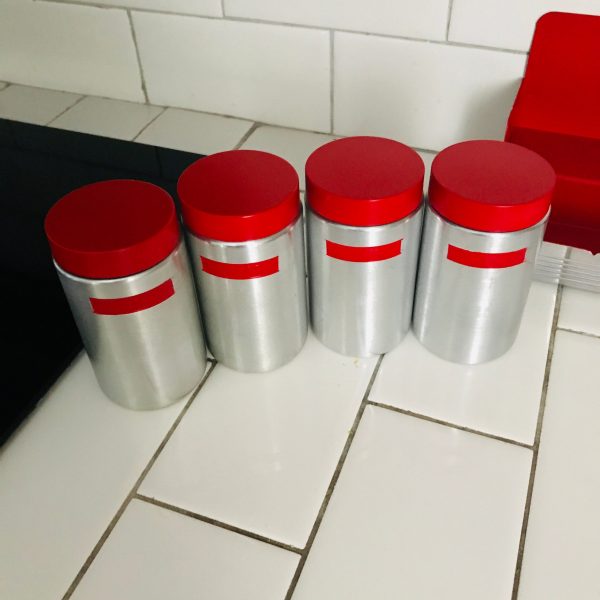 Kromex Spice rack counter rack or wall mount red lids shaker lids inside spun aluminum cans & rack kitchen farmhouse retro display