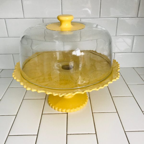 Large Cake Stand Plate with Dome Bright Iroquois glass Yellow Pedestal 12" display collectible wedding bridal baby shower Special event