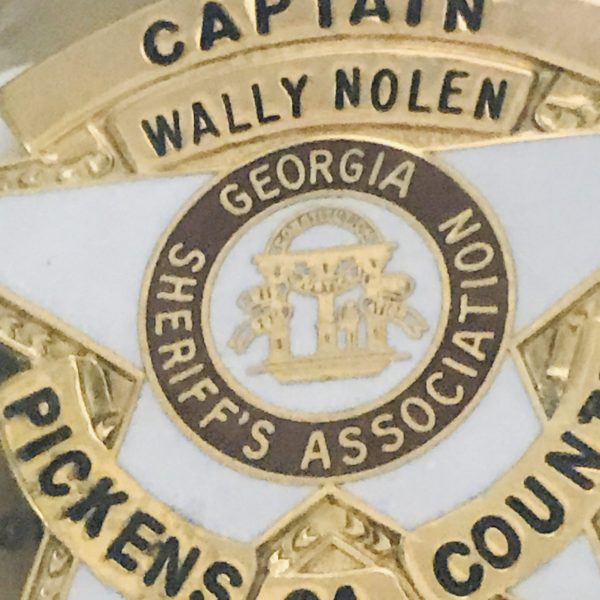 Obsolete Badge Captain Wally Nolan Pickens County Georgia Sheriff's Association Gold with white and blue center flag collectible memorabilia