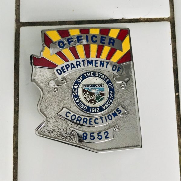 Obsolete Badge Officer Department of Corrections Arizona #8552 silver with red & yellow enamel collectible display memorabilia