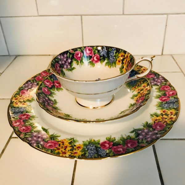 Paragon Tea Cup and Saucer Trio England black trim heavy floral pink yellow blue purple Collectible Display Cottage dining coffee serving