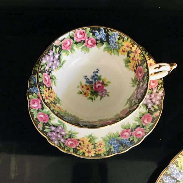 Paragon Tea Cup and Saucer Trio England black trim heavy floral pink yellow blue purple Collectible Display Cottage dining coffee serving
