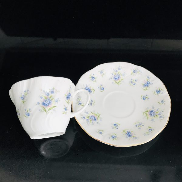 Queen's tea cup and saucer Staffordshire England Fine bone china blue and lavender forget-me-not collectible display cottage lodge coffee