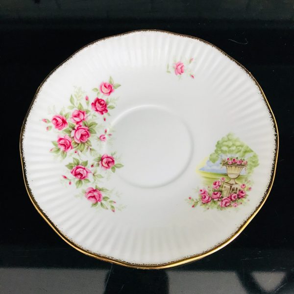 Queen's tea cup and saucer Staffordshire England Fine bone china Pink cabbage rose ribbed china collectible display cottage lodge coffee