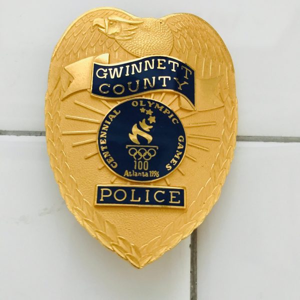 RARE Obsolete Badge Gwinnett County Centennial Olympic Games Atlanta 1996 Gold w/ blue enamel collectible display memorabilia Sports Police