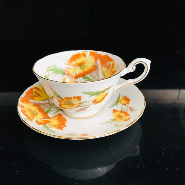 Royal Chelsea Tea cup and saucer Fine bone china England Lake Louise Poppy bright orange & yellow farmhouse collectible display serving