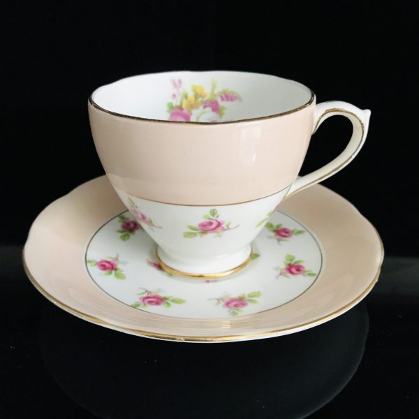 Royal Standard Tea cup and saucer England Fine bone china Peach gold trim small cabbage roses farmhouse collectible display serving dining