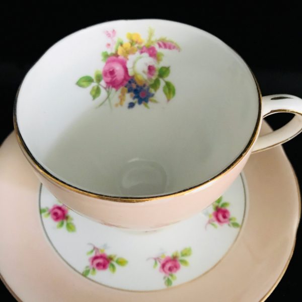 Royal Standard Tea cup and saucer England Fine bone china Peach gold trim small cabbage roses farmhouse collectible display serving dining