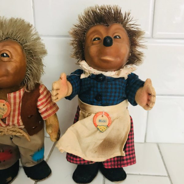 Steiff Mecki & Micki Hedgehogs Vinyl Face Plush Animals 19460's Mohair 7 1/2" Tall with Neck tags collectible display farmhouse child's room