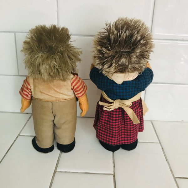Steiff Mecki & Micki Hedgehogs Vinyl Face Plush Animals 19460's Mohair 7 1/2" Tall with Neck tags collectible display farmhouse child's room