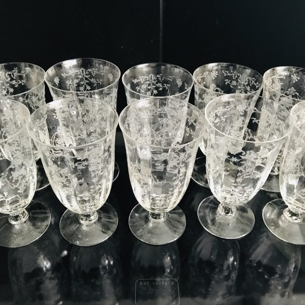 Vintage 10 Water Goblets Fostoria Crystal Navarre Pattern paneled and etched with ornate short stem