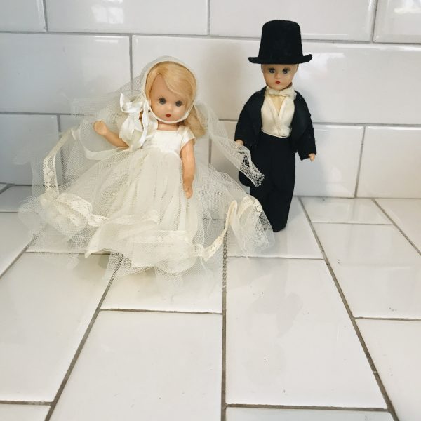 Vintage 1936 Bride and Groom Story Book Dolls Made in USA sleeper eyes cake topper collectible display hard plastic 7" standing dolls