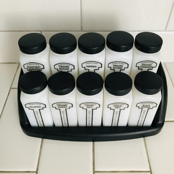 Vintage 1950's Milk Glass Spice Jars spices Rack with 10 Griffiith's Black lids & rack farmhouse collectible display retro kitchen