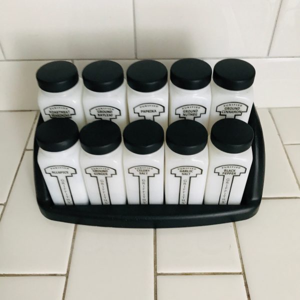 Vintage 1950's Milk Glass Spice Jars spices Rack with 10 Griffiith's Black lids & rack farmhouse collectible display retro kitchen