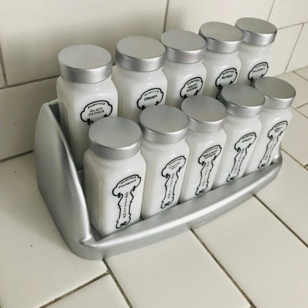 Vintage 1950's Milk Glass Spice Jars spices Rack with 10 Griffiith's chrome color lids & rack farmhouse collectible display retro kitchen