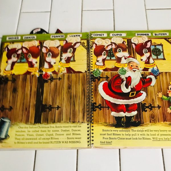 Vintage 1953 Santa's Busy Day Pop up book removable reindeer moving pages collectible display excellent condition