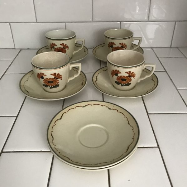 Vintage 4 tea cups 6 saucers Morgenfrue Denmark Royal Copegen serving dining collectible farmhouse display Zinnia patternnha