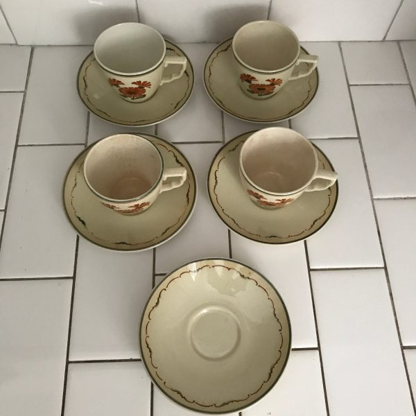 Vintage 4 tea cups 6 saucers Morgenfrue Denmark Royal Copegen serving dining collectible farmhouse display Zinnia patternnha