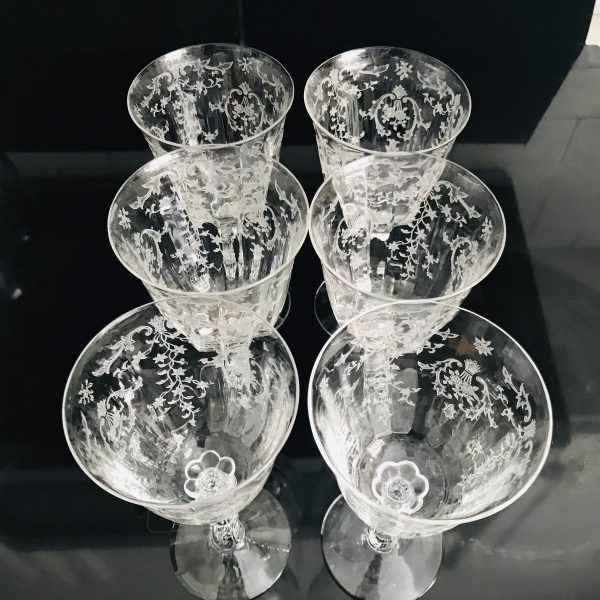 Vintage 6 Claret Tall Wine Glasses Fostoria Crystal Navarre Pattern paneled and etched with ornate stem