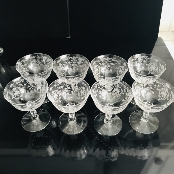 Vintage 8 Claret Wine Glasses or shallow champagne Fostoria Crystal Navarre Pattern paneled and etched with ornate stem