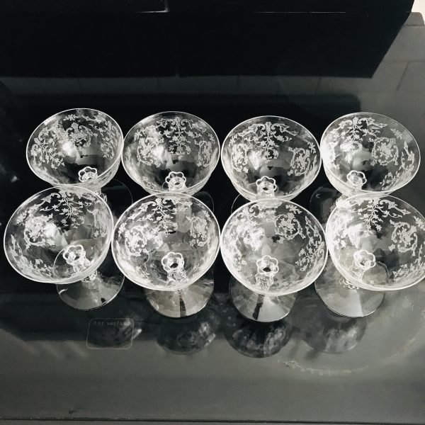 Vintage 8 Claret Wine Glasses or shallow champagne Fostoria Crystal Navarre Pattern paneled and etched with ornate stem