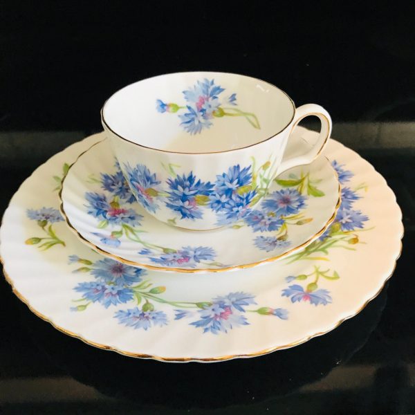 Vintage Adderley Trio Tea cup and saucer with luncheon plate England Fine bone china Cornflower scalloped  with gold trim