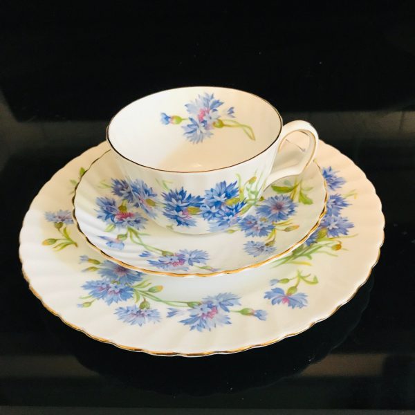 Vintage Adderley Trio Tea cup and saucer with luncheon plate England Fine bone china Cornflower scalloped  with gold trim