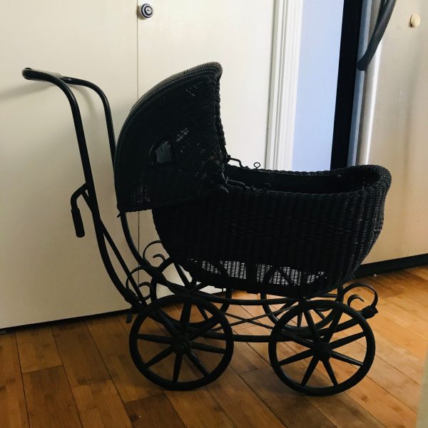 Vintage Baby buggy Old buggy  collectible display wicker with faux leather inside farmhouse doll display baby buggy metal & rubber wheels