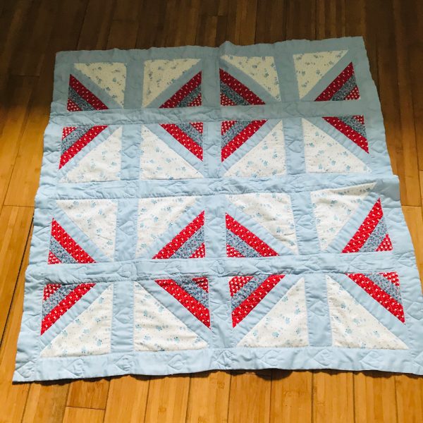 Vintage Baby Quilt Beautiful hand made 40" x 40" red white and light blue baby prints ight blue trim baby shower gift unused