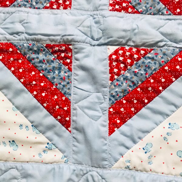 Vintage Baby Quilt Beautiful hand made 40" x 40" red white and light blue baby prints ight blue trim baby shower gift unused