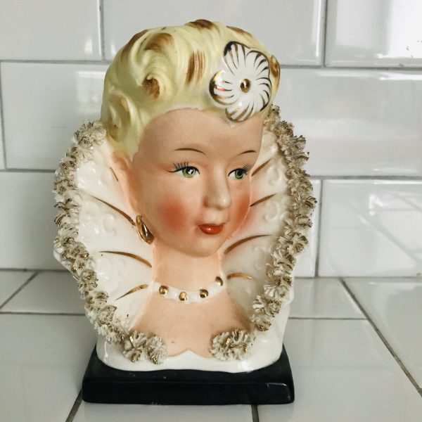 Vintage Beautiful Face Head vase head vase woman collectible display farmhouse cottage heavy gold trim great detail