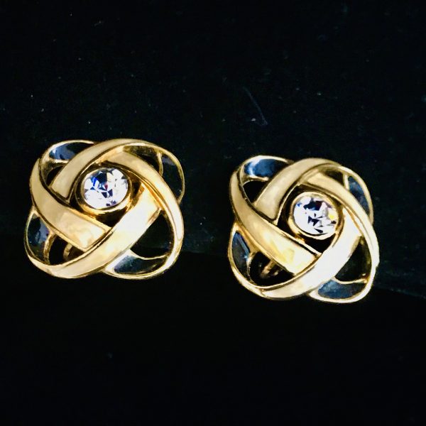Vintage Beautiful Trifari clip earrings gold tone Swarovski crystal centers black and beige enameled intertwined ovals