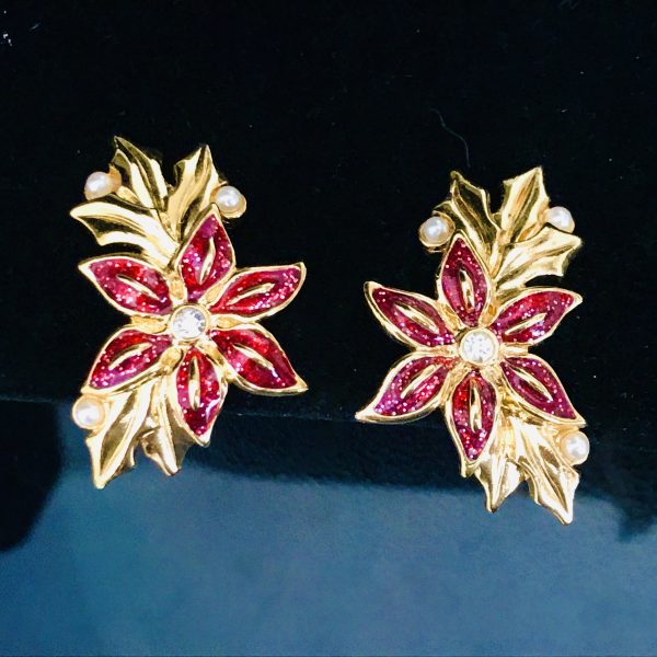 Vintage Christmas Poinsettias clip earrings gold tone with red enamel signed Avon