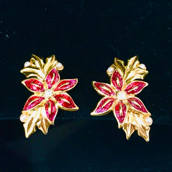 Vintage Christmas Poinsettias clip earrings gold tone with red enamel signed Avon