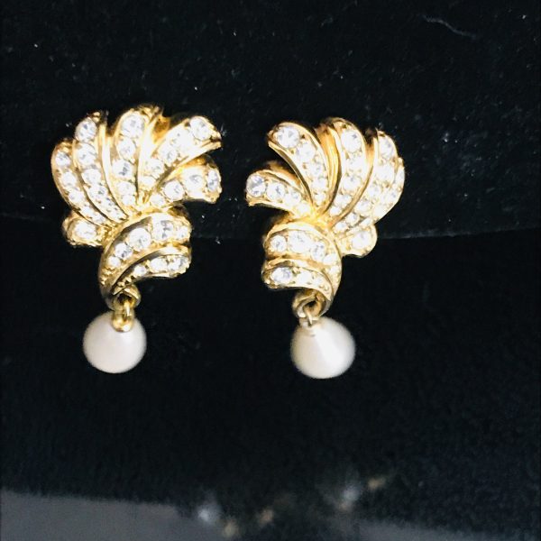 Vintage clip earrings gold tone with faux pearl dangles heavily encrusted with crystals very ornate