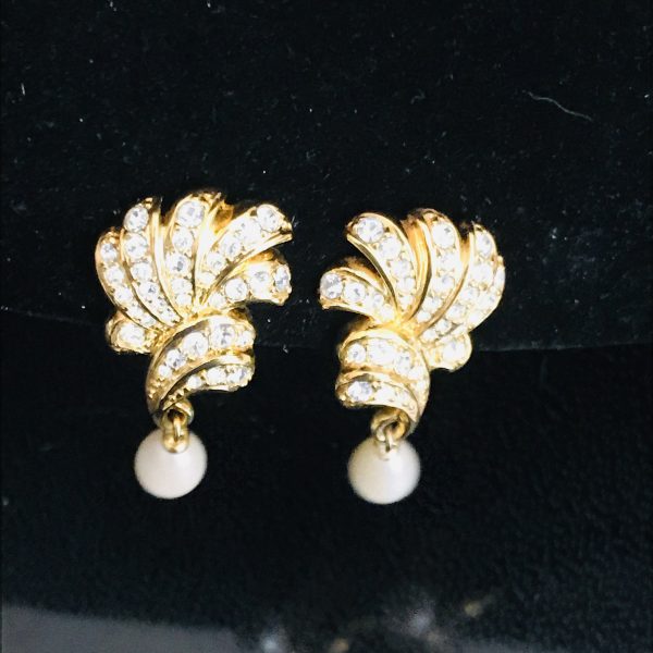 Vintage clip earrings gold tone with faux pearl dangles heavily encrusted with crystals very ornate