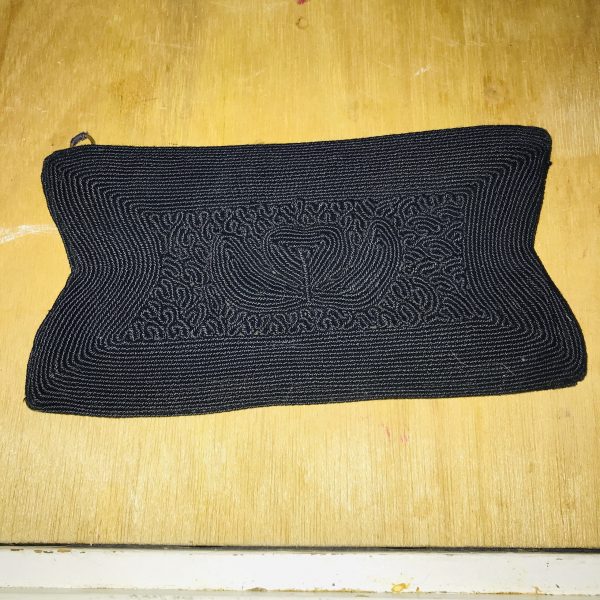 Vintage clutch woven black thread zipper inside full pocket tv theater movie prop collectible display evening bag
