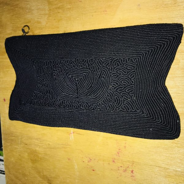 Vintage clutch woven black thread zipper inside full pocket tv theater movie prop collectible display evening bag