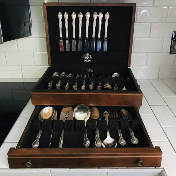 Vintage Community Flatware Silverplate Affection pattern Service for 8 with serving pieces 62 total in Beautiful wooden case with drawer