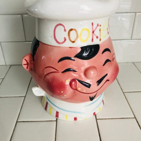 Vintage Cookie Jar Anthropomorphic 1950 marked Ohio Collectible display Man's Face with batter splatter licking tongue display collectible